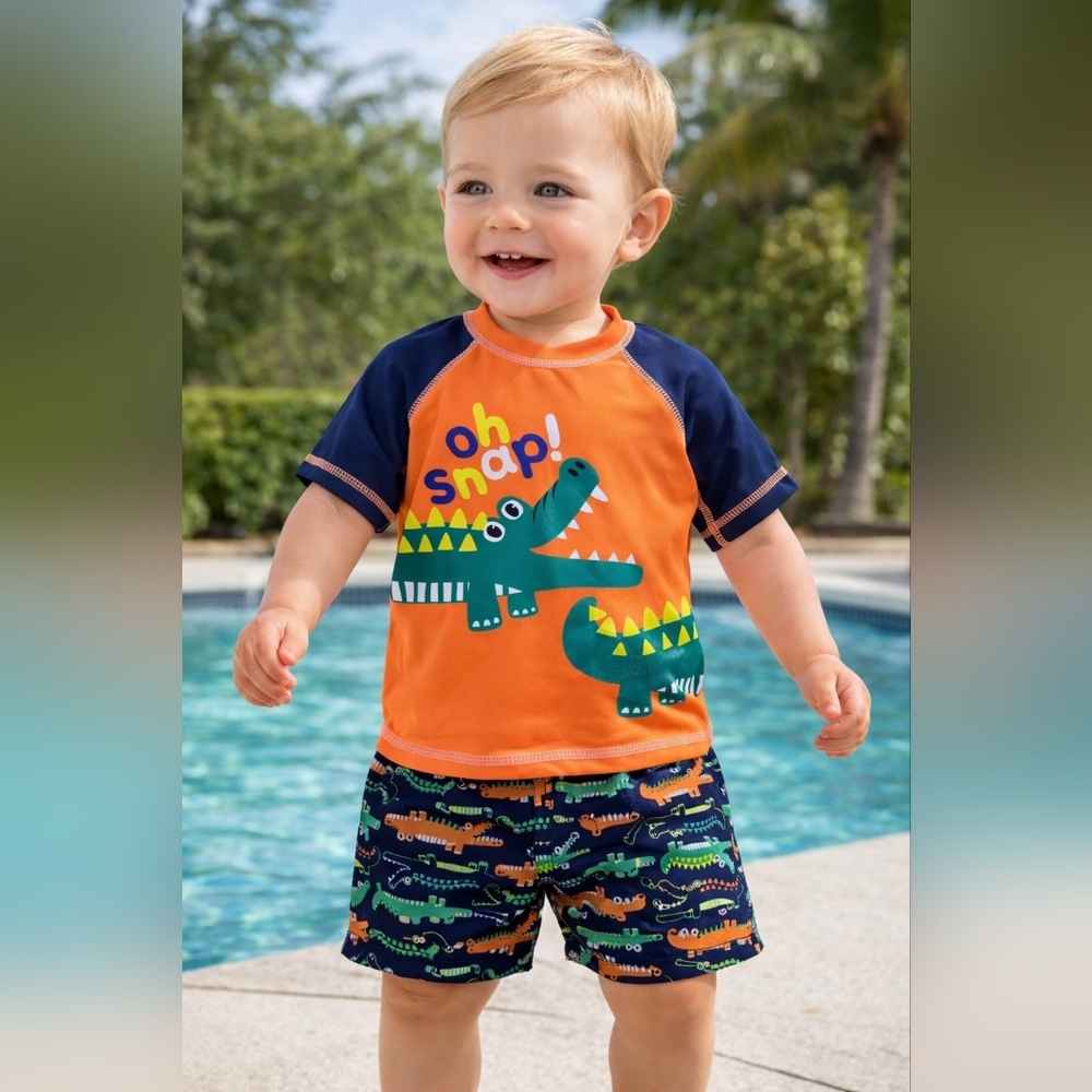 Baby Boy 2PC Swim Set 12M Alligator “Oh Snap” Rash Guard & Trunks
